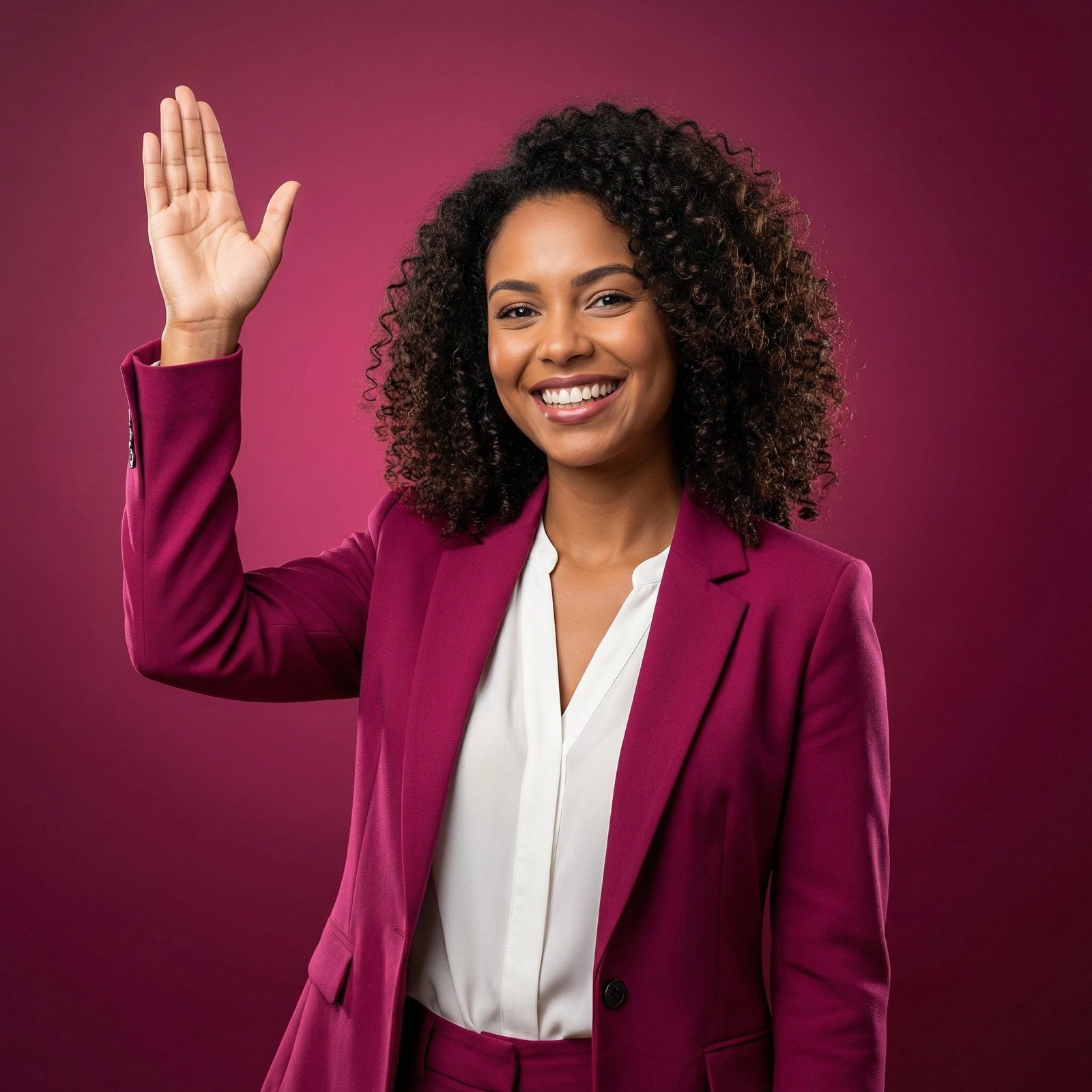 Profissional Freitas Comex com mão levantada